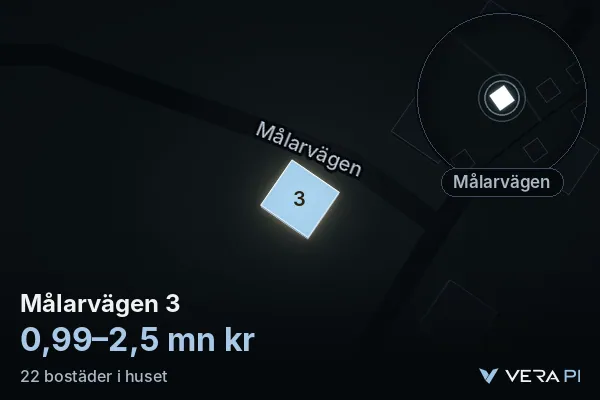 VERA PI's image of Målarvägen 3: the building in 3D, lit in blue, and the map around it