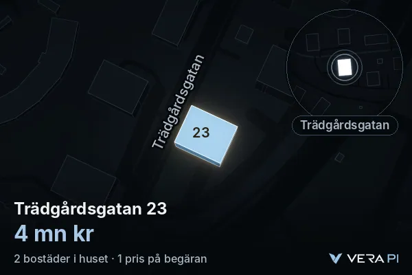 VERA PI:s bild av Trädgårdsgatan 23: huset i 3D, upplyst i blått, och kartan runt omkring