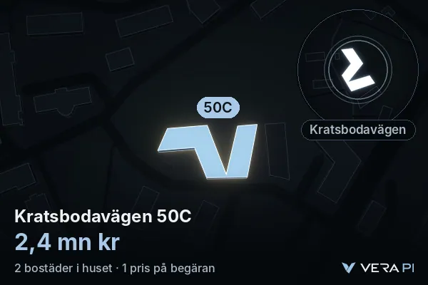 VERA PI:s bild av Kratsbodavägen 50C: huset i 3D, upplyst i blått, och kartan runt omkring
