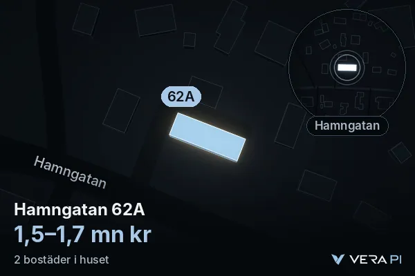 VERA PI's image of Hamngatan 62A: the building in 3D, lit in blue, and the map around it