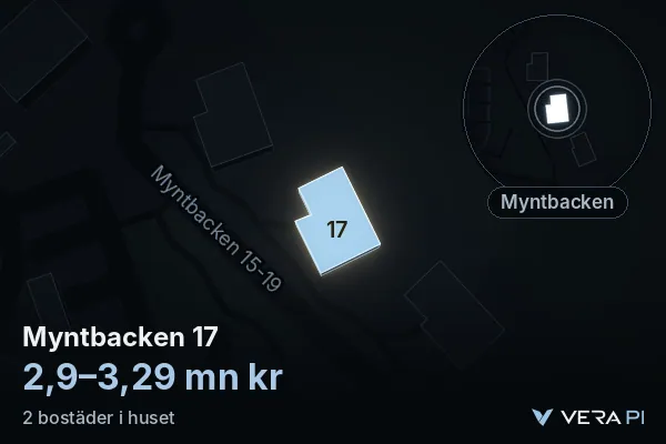 VERA PI:s bild av Myntbacken 17: huset i 3D, upplyst i blått, och kartan runt omkring