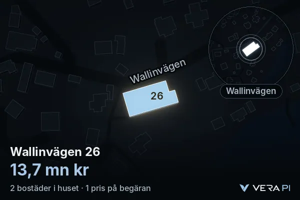 VERA PI:s bild av Wallinvägen 26: huset i 3D, upplyst i blått, och kartan runt omkring