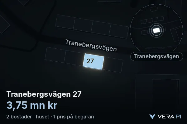 VERA PI's image of Tranebergsvägen 27: the building in 3D, lit in blue, and the map around it