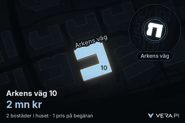 VERA PI:s bild av Arkens väg 10: huset i 3D, upplyst i blått, och kartan runt omkring