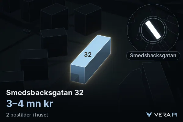 VERA PI:s bild av Smedsbacksgatan 32: huset i 3D, upplyst i blått, och kartan runt omkring