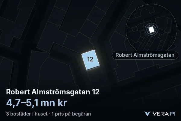 VERA PI's image of Robert Almströmsgatan 12: the building in 3D, lit in blue, and the map around it
