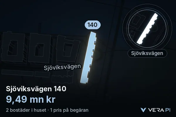VERA PI's image of Sjöviksvägen 140: the building in 3D, lit in blue, and the map around it