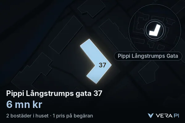 VERA PI:s bild av Pippi Långstrumps gata 37: huset i 3D, upplyst i blått, och kartan runt omkring