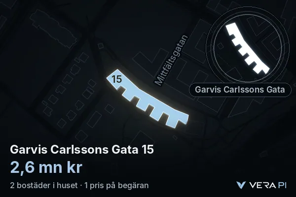 VERA PI's image of Garvis Carlssons Gata 15: the building in 3D, lit in blue, and the map around it
