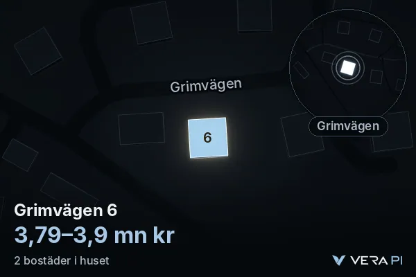 VERA PI's image of Grimvägen 6: the building in 3D, lit in blue, and the map around it