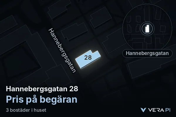VERA PI's image of Hannebergsgatan 28: the building in 3D, lit in blue, and the map around it