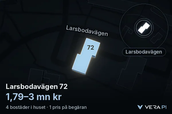 VERA PI:s bild av Larsbodavägen 72: huset i 3D, upplyst i blått, och kartan runt omkring