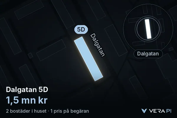 VERA PI's image of Dalgatan 5D: the building in 3D, lit in blue, and the map around it