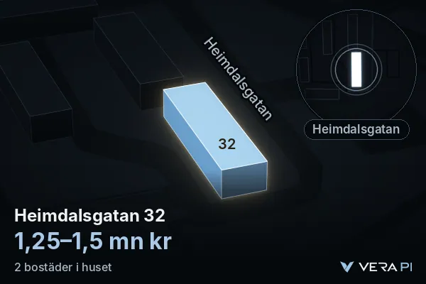 VERA PI:s bild av Heimdalsgatan 32: huset i 3D, upplyst i blått, och kartan runt omkring