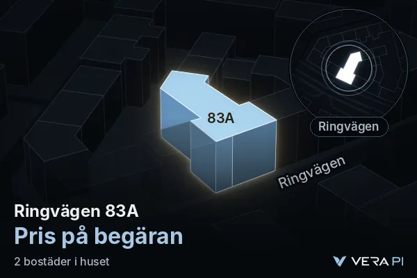 VERA PI:s bild av Ringvägen 83A: huset i 3D, upplyst i blått, och kartan runt omkring