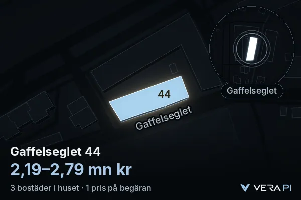 VERA PI:s bild av Gaffelseglet 44: huset i 3D, upplyst i blått, och kartan runt omkring
