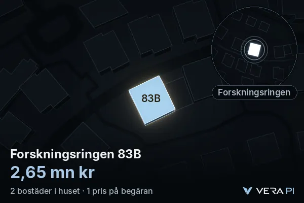 VERA PI:s bild av Forskningsringen 83B: huset i 3D, upplyst i blått, och kartan runt omkring