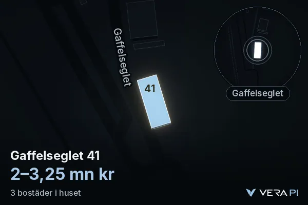 VERA PI's image of Gaffelseglet 41: the building in 3D, lit in blue, and the map around it