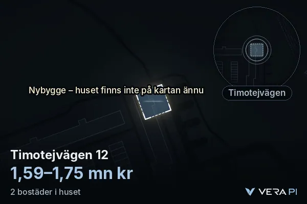 VERA PI's image of Timotejvägen 12: the building in 3D, lit in blue, and the map around it
