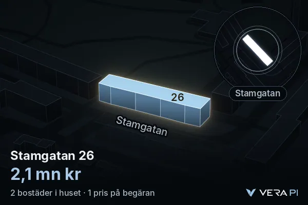 VERA PI:s bild av Stamgatan 26: huset i 3D, upplyst i blått, och kartan runt omkring