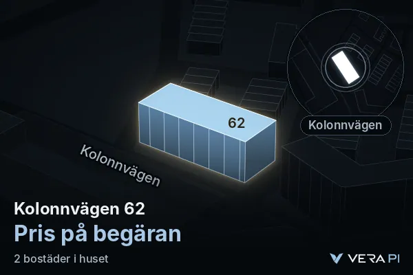 VERA PI's image of Kolonnvägen 62: the building in 3D, lit in blue, and the map around it