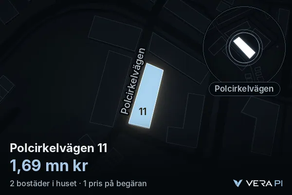 VERA PI:s bild av Polcirkelvägen 11: huset i 3D, upplyst i blått, och kartan runt omkring