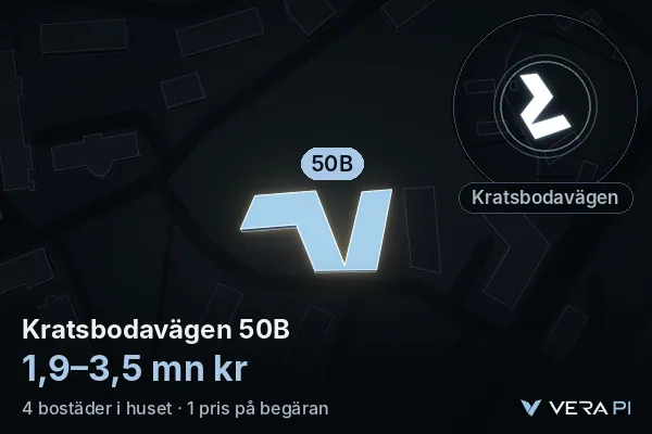 VERA PI's image of Kratsbodavägen 50B: the building in 3D, lit in blue, and the map around it