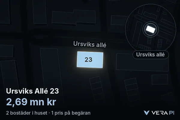 VERA PI:s bild av Ursviks Allé 23: huset i 3D, upplyst i blått, och kartan runt omkring