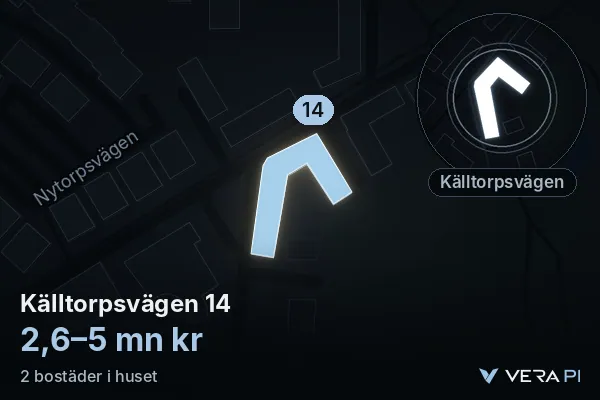 VERA PI:s bild av Källtorpsvägen 14: huset i 3D, upplyst i blått, och kartan runt omkring