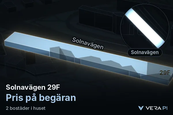 VERA PI's image of Solnavägen 29F: the building in 3D, lit in blue, and the map around it