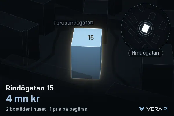 VERA PI:s bild av Rindögatan 15: huset i 3D, upplyst i blått, och kartan runt omkring