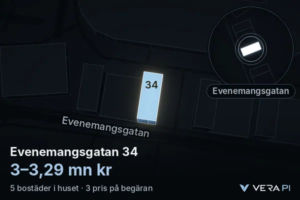VERA PI's image of Evenemangsgatan 34: the building in 3D, lit in blue, and the map around it
