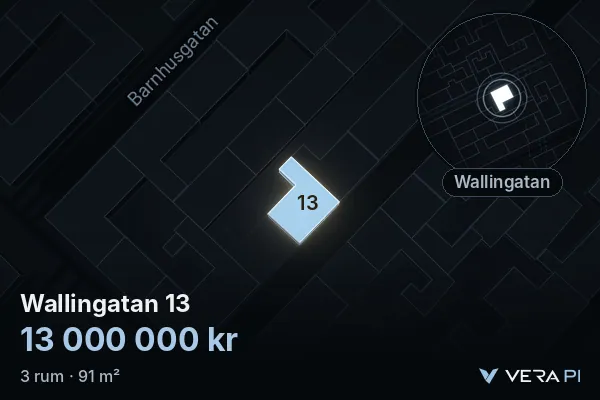 VERA PI:s bild av Wallingatan 13: huset i 3D, upplyst i blått, och kartan runt omkring