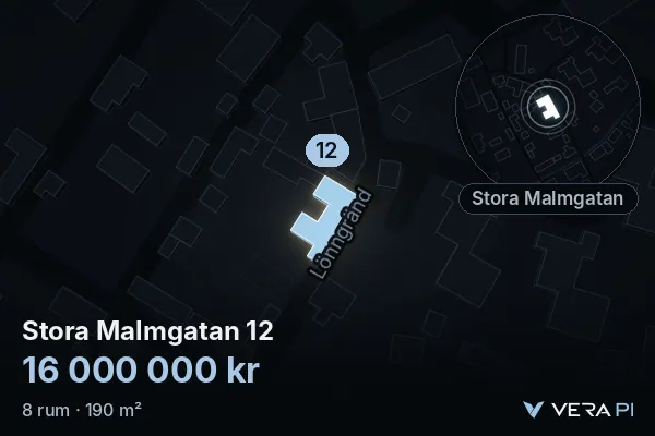 VERA PI:s bild av Stora Malmgatan 12: huset i 3D, upplyst i blått, och kartan runt omkring