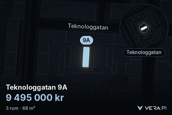 VERA PI:s bild av Teknologgatan 9A: huset i 3D, upplyst i blått, och kartan runt omkring