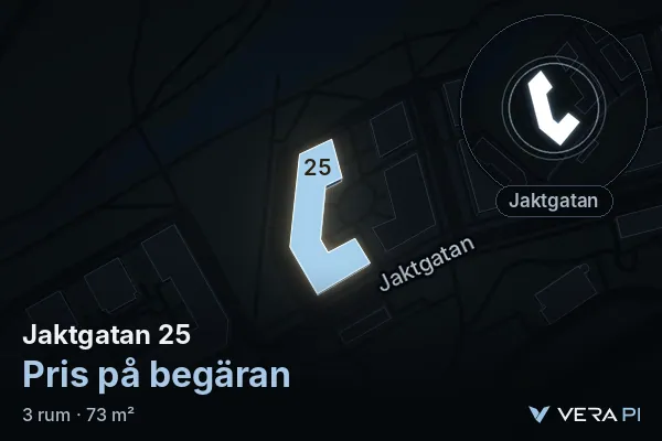 VERA PI's image of Jaktgatan 25: the building in 3D, lit in blue, and the map around it