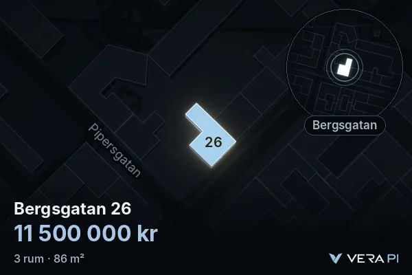 VERA PI's image of Bergsgatan 26: the building in 3D, lit in blue, and the map around it