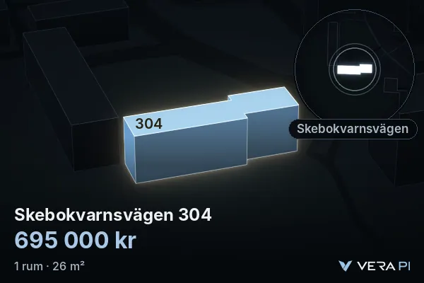 VERA PI:s bild av Skebokvarnsvägen 304: huset i 3D, upplyst i blått, och kartan runt omkring