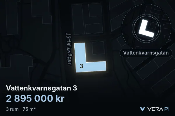 VERA PI's image of Vattenkvarnsgatan 3: the building in 3D, lit in blue, and the map around it