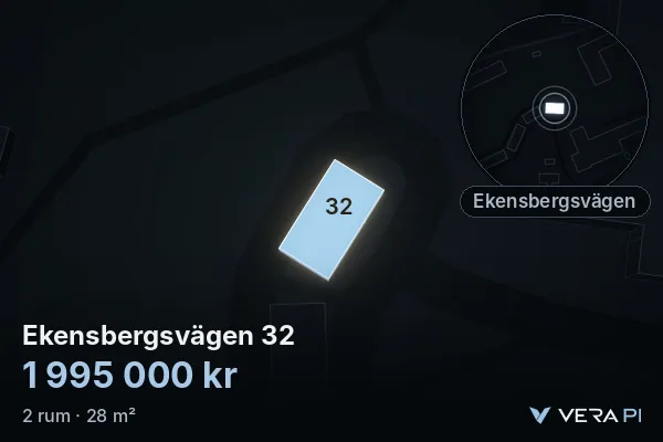VERA PI:s bild av Ekensbergsvägen 32: huset i 3D, upplyst i blått, och kartan runt omkring