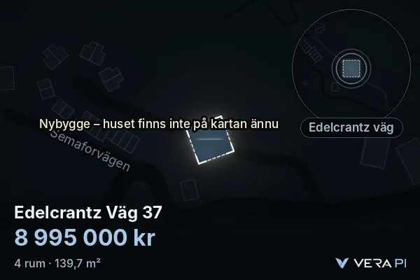VERA PI:s bild av Edelcrantz Väg 37: huset i 3D, upplyst i blått, och kartan runt omkring