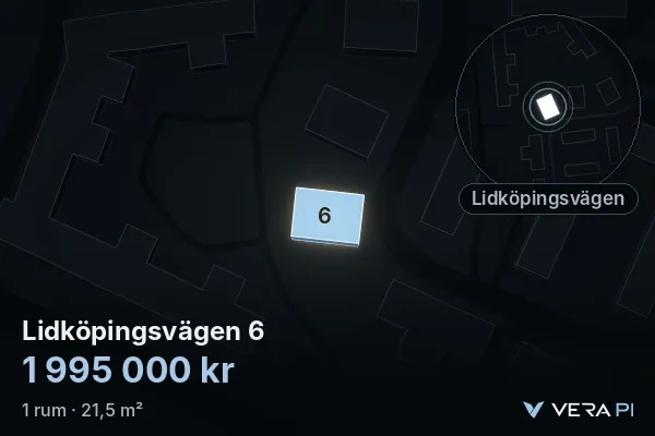 VERA PI:s bild av Lidköpingsvägen 6: huset i 3D, upplyst i blått, och kartan runt omkring