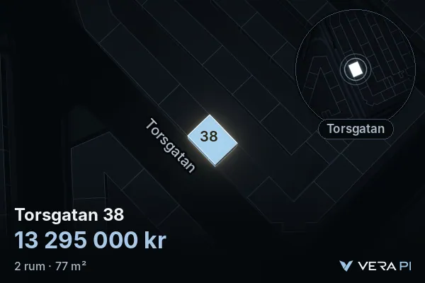 VERA PI's image of Torsgatan 38: the building in 3D, lit in blue, and the map around it