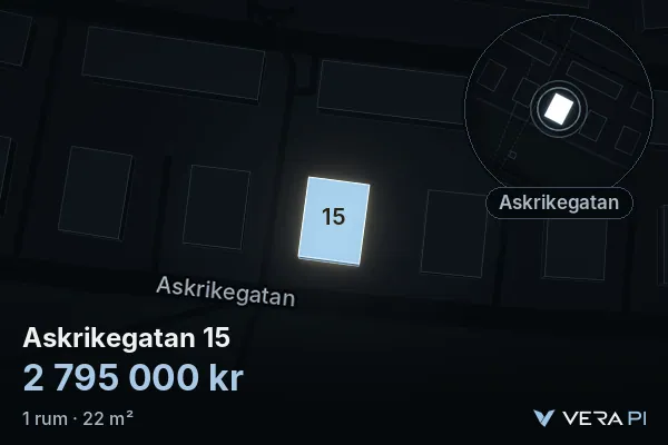 VERA PI:s bild av Askrikegatan 15: huset i 3D, upplyst i blått, och kartan runt omkring