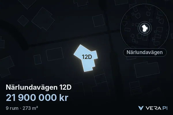 VERA PI's image of Närlundavägen 12D: the building in 3D, lit in blue, and the map around it