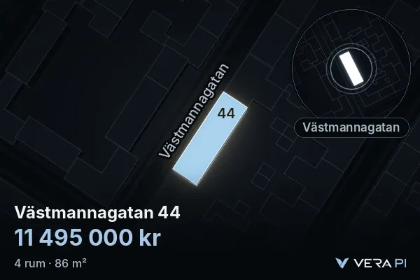 VERA PI's image of Västmannagatan 44: the building in 3D, lit in blue, and the map around it