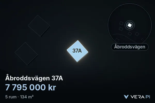 VERA PI:s bild av Åbroddsvägen 37A: huset i 3D, upplyst i blått, och kartan runt omkring