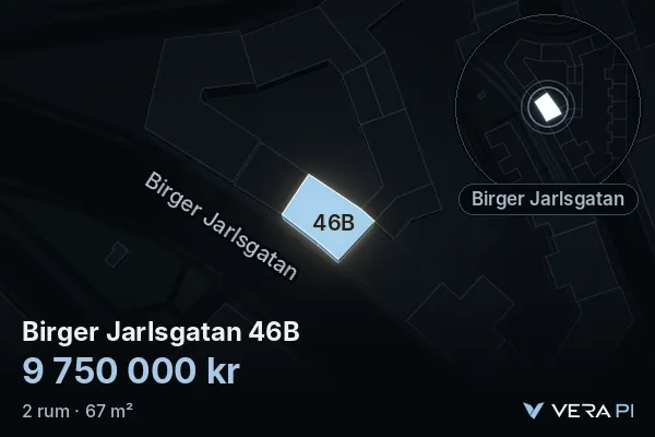 VERA PI:s bild av Birger Jarlsgatan 46B: huset i 3D, upplyst i blått, och kartan runt omkring