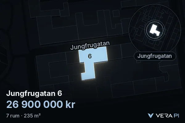 VERA PI:s bild av Jungfrugatan 6: huset i 3D, upplyst i blått, och kartan runt omkring