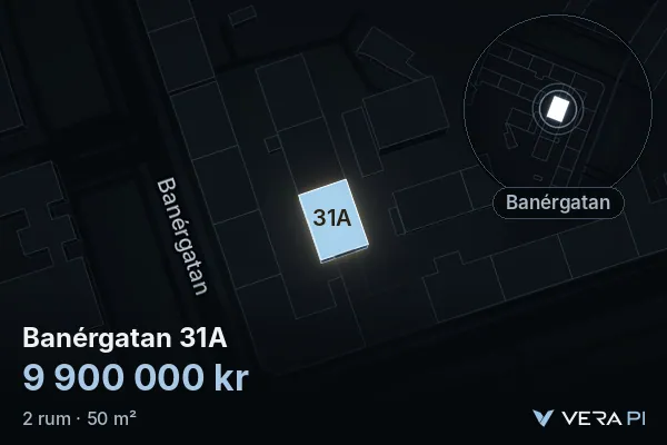 VERA PI:s bild av Banérgatan 31A: huset i 3D, upplyst i blått, och kartan runt omkring